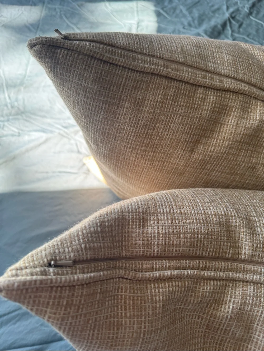 Ethan Allen Custom Throw Pillows Beige Textured Fabric, Set of Two Square